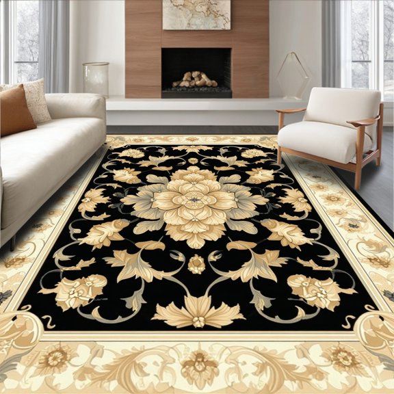 Flatwoven High Traffic Area Rug, Stylized Floral Rosette Surrounded by Curved Scroll Frames, Non Slip, Stain Resistant, Washable Area Rugs for Living Room, Bedroom(Black, 2X3)