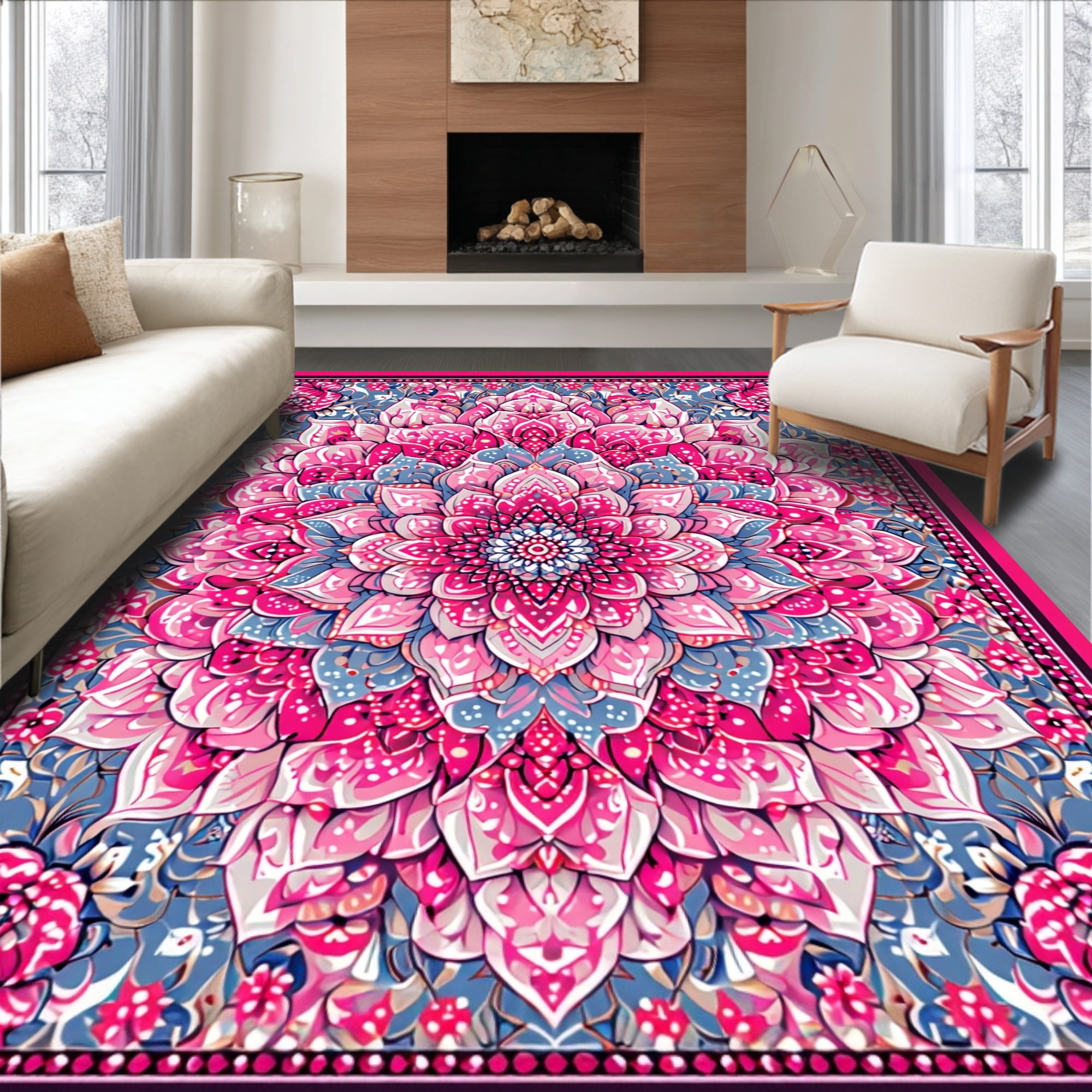 ODIKA 6'x9' Machine Washable Non-Slip Area Rug, Stylized Floral Round ...