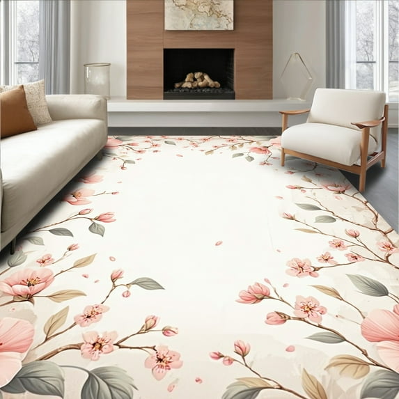 Flatwoven High Traffic Area Rug, Subtle Blossom Garland with Pastel Pink and Light Beige Shades, Non Slip, Stain Resistant, Washable Area Rugs for Living Room, Bedroom(Pink, 5X7)