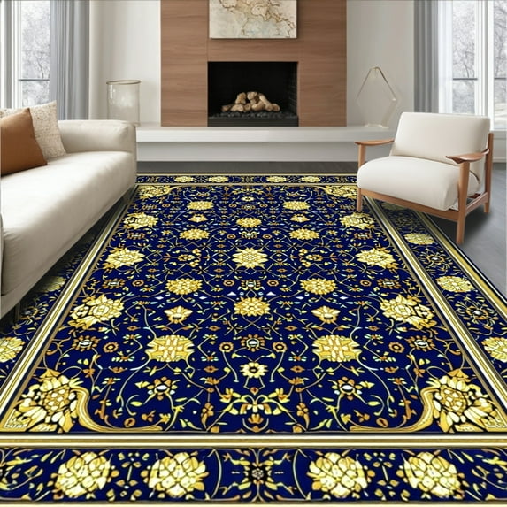 ODIKA 2'x3' Machine Washable Non-Slip Area Rug, Subtle Geometric Ivory High Traffic Rug, Blue, 92332