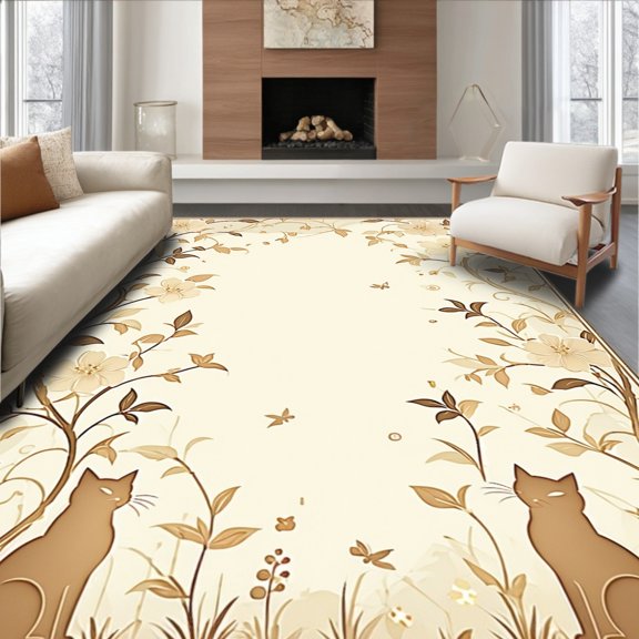 Flatwoven High Traffic Area Rug, Subtle Interlocking Floral with Charming Cat Illustrations, Non Slip, Stain Resistant, Washable Area Rugs for Living Room, Bedroom(Beige, 2X3)