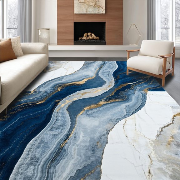Flatwoven High Traffic Area Rug, Subtle Marble Swirl, Non Slip, Stain Resistant, Washable Area Rugs for Living Room, Bedroom(Blue, 2X3)