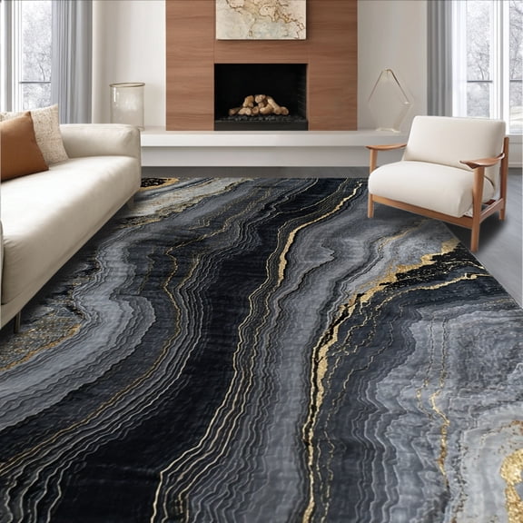 Flatwoven High Traffic Area Rug, Subtle Marble Vein Patterned Living Space Rug, Non Slip, Stain Resistant, Washable Area Rugs for Living Room, Bedroom(Black, 4X6)
