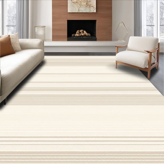 ODIKA 4'x6' Machine Washable Non-Slip Area Rug, Subtle Stripe Oval Assortment Elegant Floor High Traffic Rug, Beige, 157688