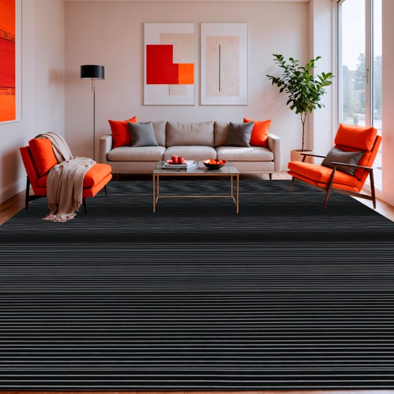 Flatwoven High Traffic Area Rug, Subtle Striped Design with Textured Appearance, Non Slip, Stain Resistant, Washable Area Rugs for Living Room, Bedroom(Black, 2X3)