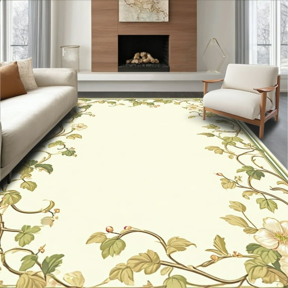 Flatwoven High Traffic Area Rug, Subtle Vintage Floral With Ornamental Botanical Accents, Non Slip, Stain Resistant, Washable Area Rugs for Living Room, Bedroom(Beige, 6X9)