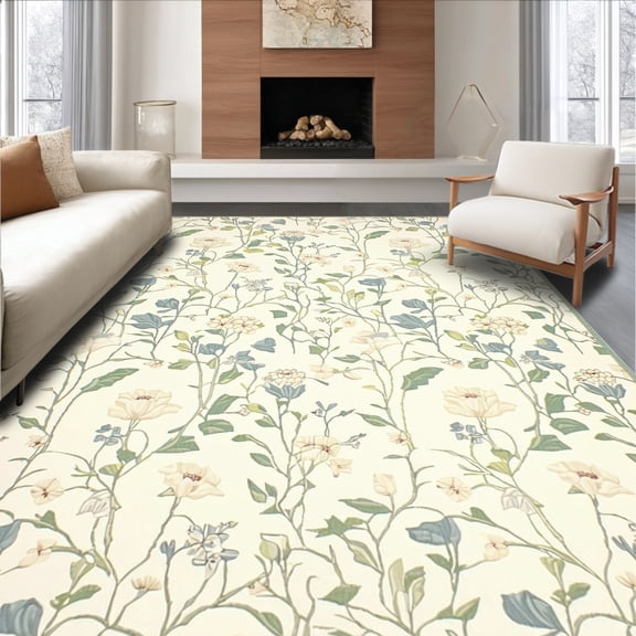 ODIKA 4'x6' Machine Washable Non-Slip Area Rug, Subtle Wildflower High Traffic Rug, Ivory, 157903