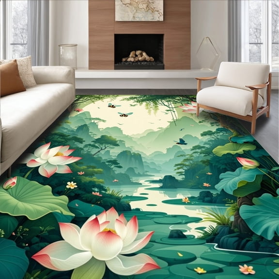 ODIKA 2'x3' Machine Washable Non-Slip Area Rug, Sultry Aesthetic Cinnamon Jungle Lotus Bee Dazzle Border High Traffic Rug, Green, 197818