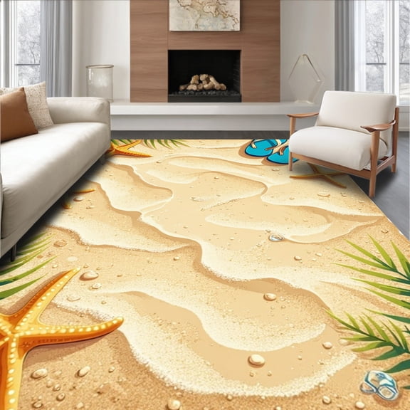 ODIKA 4'x6' Machine Washable Non-Slip Area Rug, Summer Beach Vacation Starfish Flip Flops High Traffic Rug, Beige, 98342