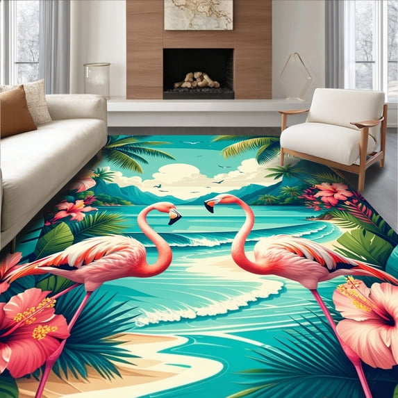 ODIKA 6'x9' Machine Washable Non-Slip Area Rug, Summer Flamingo Coir Tropical Beach Vibe Doormat High Traffic Rug, Pink, 99171