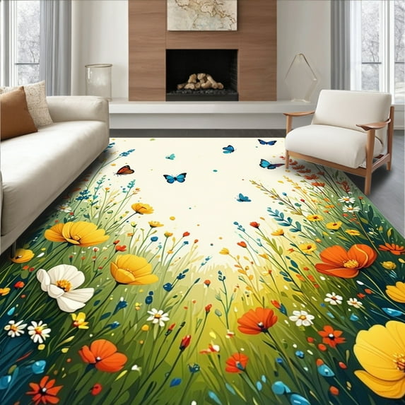 ODIKA 3'x5' Machine Washable Non-Slip Area Rug, Summer Meadow Insect High Traffic Rug, Yellow, 227049