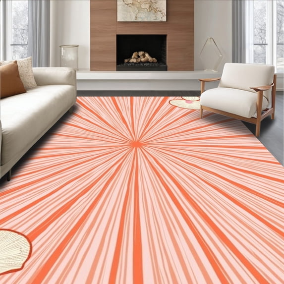 ODIKA 4'x6' Machine Washable Non-Slip Area Rug, Sunburst Design Featuring Radiant Rays and Marine Inspired Forms High Traffic Rug, Orange, 312195