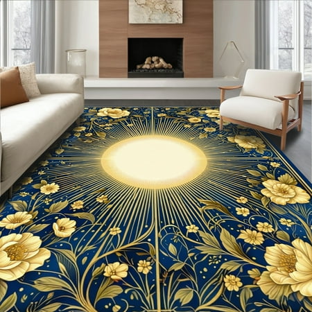 ODIKA 4'x6' Machine Washable Non-Slip Area Rug, Sunburst Floral High Traffic Rug, Blue, 87618