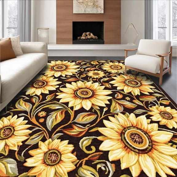 Flatwoven High Traffic Area Rug, Sunflower and Daisy Inspired Rustic Floral Rug Design, Non Slip, Stain Resistant, Washable Area Rugs for Living Room, Bedroom(Yellow, 3X5)