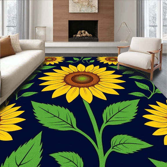 ODIKA 2'x3' Machine Washable Non-Slip Area Rug, Sunflower Meadow Golden Blooms on Ebony Canvas High Traffic Rug, Yellow, 297453