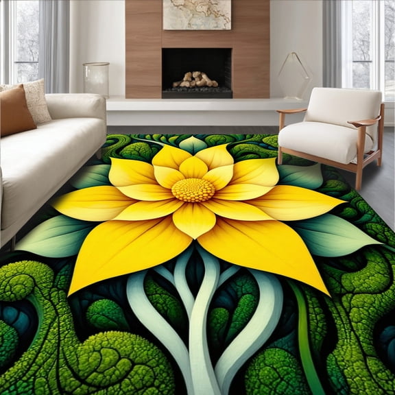 Flatwoven High Traffic Area Rug, Sunny Yellow Petal Unique Floral Statement, Non Slip, Stain Resistant, Washable Area Rugs for Living Room, Bedroom(Yellow, 2X3)