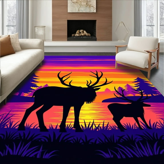 ODIKA 6'x9' Machine Washable Non-Slip Area Rug, Sunset Ridge Small Wildlife Motif High Traffic Rug, Purple, 306745