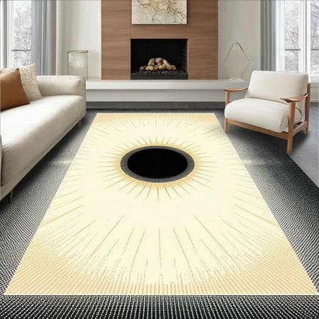ODIKA 4'x6' Machine Washable Non-Slip Area Rug, Sunset Vista Reversible Patio in Beige and Black High Traffic Rug, Beige, 43747