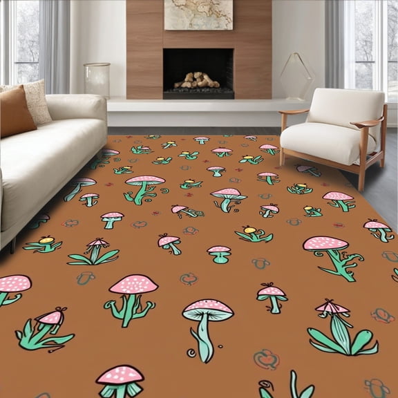ODIKA 2'x3' Machine Washable Non-Slip Area Rug, Surreal Mushroom Garden with Whimsical Bee Motifs and Boho Accents High Traffic Rug, Brown, 290657