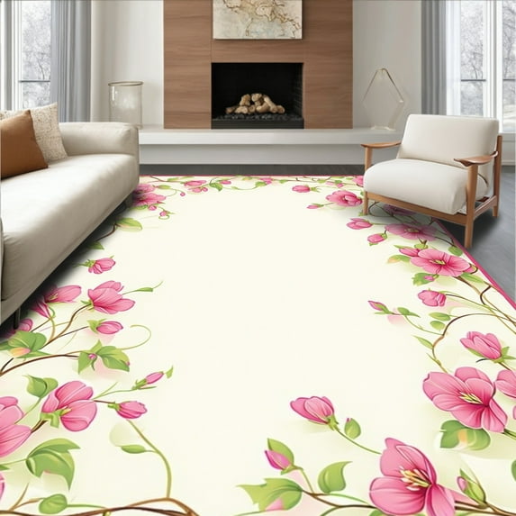 ODIKA 3'x5' Machine Washable Non-Slip Area Rug, Sweet Pea Romantic Floral Print High Traffic Rug, Pink, 209044