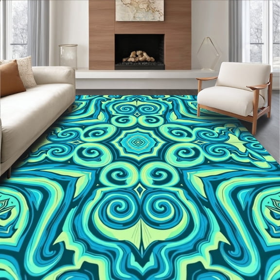 Flatwoven High Traffic Area Rug, Swirling Spiral with Deep Turquoise and Mint Highlights, Non Slip, Stain Resistant, Washable Area Rugs for Living Room, Bedroom(Blue, 5X7)