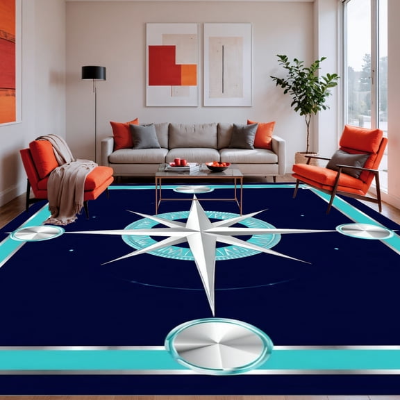 Flatwoven High Traffic Area Rug, Symmetrical Compass Rose with Interlocking Circular Bands, Non Slip, Stain Resistant, Washable Area Rugs for Living Room, Bedroom(Blue, 2X3)