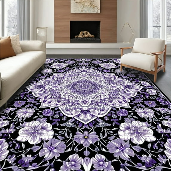 ODIKA 2'x3' Machine Washable Non-Slip Area Rug, Symmetrical Inspired Design with Interlocking Floral and Geometric High Traffic Rug, Purple, 274468