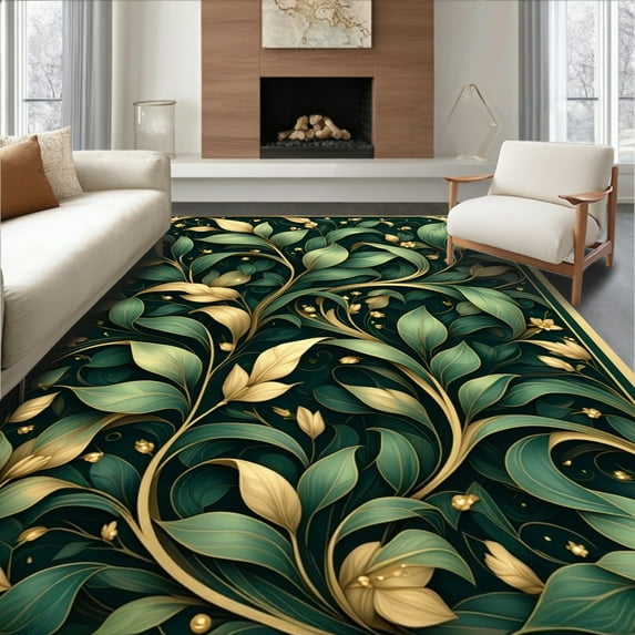 ODIKA 4'x6' Machine Washable Non-Slip Area Rug, Symmetrical Leaf Cluster Design with Ornate Curvilinear Details High Traffic Rug, Green, 213774