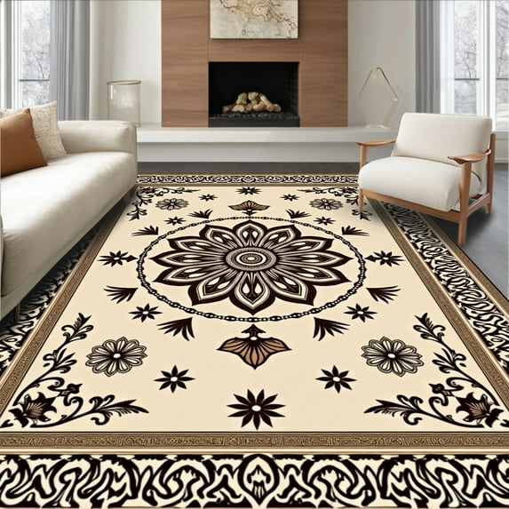 Flatwoven High Traffic Area Rug, Symmetrical Medallion with Textured ...