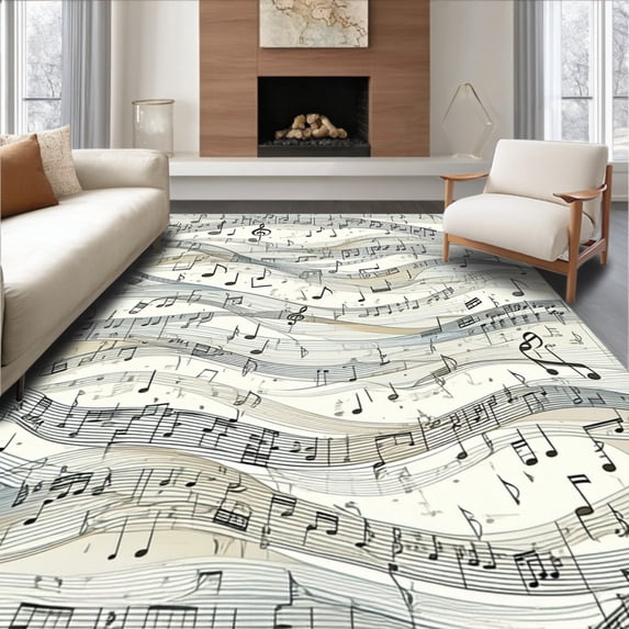 ODIKA 4'x6' Machine Washable Non-Slip Area Rug, Symphonic Waves with Elegant Music Theme for High Traffic Rug, Beige, 89497
