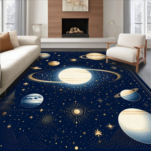ODIKA 8'x10' Machine Washable Non-Slip Area Rug, System Alphabet Planetary Friends High Traffic Rug, Blue, 83952
