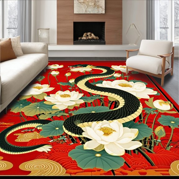 Flatwoven High Traffic Area Rug, Tattoo Art Floral with Coiled Snake and Dramatic Petal Detailing, Non Slip, Stain Resistant, Washable Area Rugs for Living Room, Bedroom(Red, 2X3)