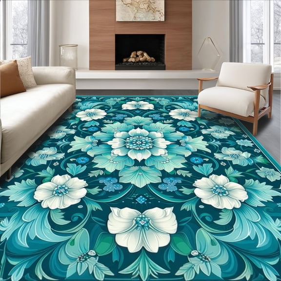 Flatwoven High Traffic Area Rug, Teal Bloom Floral Burst Medallion Accent Rug, Non Slip, Stain Resistant, Washable Area Rugs for Living Room, Bedroom(Teal, 2X3)