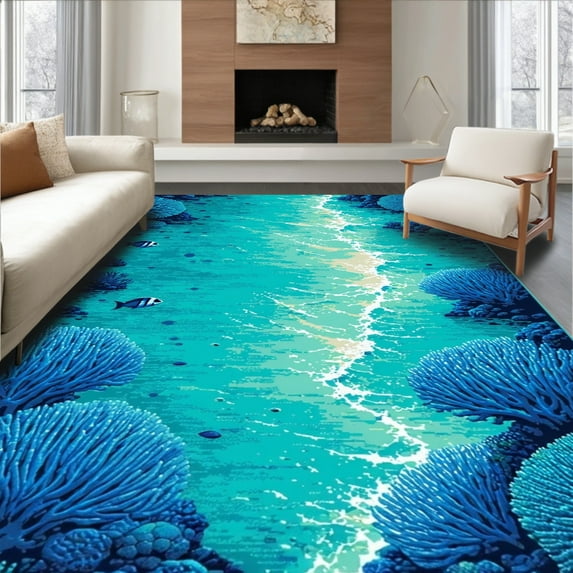 ODIKA 4'x6' Machine Washable Non-Slip Area Rug, Teal Jellyfish Abstract Design High Traffic Rug, Blue, 30598