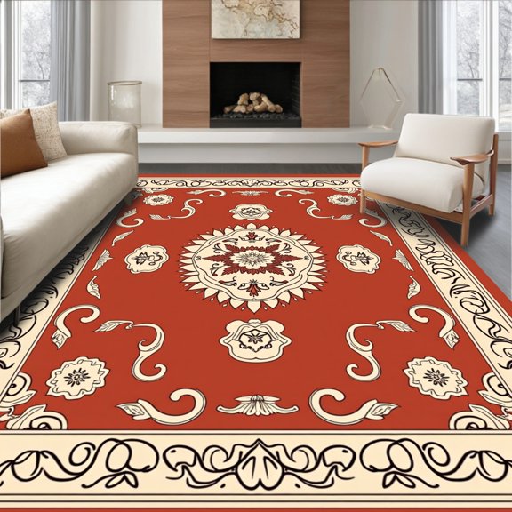 Flatwoven High Traffic Area Rug, Terra Bloom Medallion Motif with Serpentine Borders, Non Slip, Stain Resistant, Washable Area Rugs for Living Room, Bedroom(Red, 2X3)