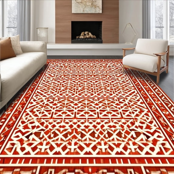 ODIKA 4'x6' Machine Washable Non-Slip Area Rug, Terra Cotta Geometric Pile Stain Proof High Traffic Rug, Red, 85555