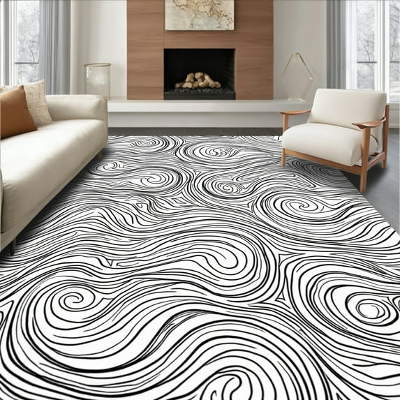 ODIKA 6'x6' Machine Washable Non-Slip Area Rug, Tidal Wave Motif High Traffic Rug, Black, 304431