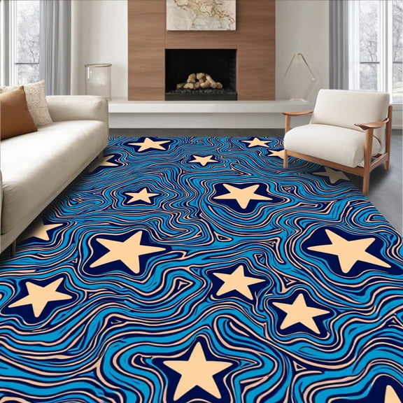 ODIKA 2'x3' Machine Washable Non-Slip Area Rug, Tidal Wave Swirls Blended With Marine Life Accents High Traffic Rug, Blue, 322830