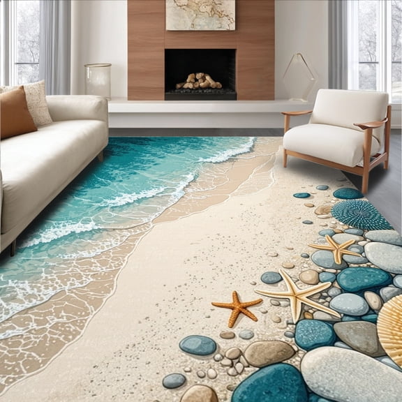Flatwoven High Traffic Area Rug, Tide Pool Patterned Rug with Starfish Sea Urchins and Coastal Pebble Shapes, Non Slip, Stain Resistant, Washable Area Rugs for Living Room, Bedroom(Blue, 2X3)