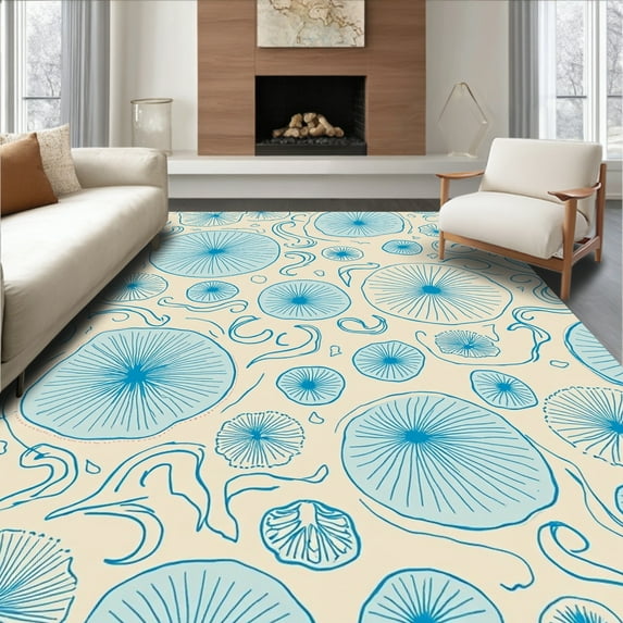 ODIKA 8'x10' Machine Washable Non-Slip Area Rug, Tidepool Treasure Motif With Shells And Starbursts High Traffic Rug, Beige, 306198