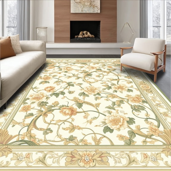 Flatwoven High Traffic Area Rug, Timeless Anatolia Area Sage Beige Botanical Scrollwork Floor Covering, Non Slip, Stain Resistant, Washable Area Rugs for Living Room, Bedroom(Beige, 4X6)