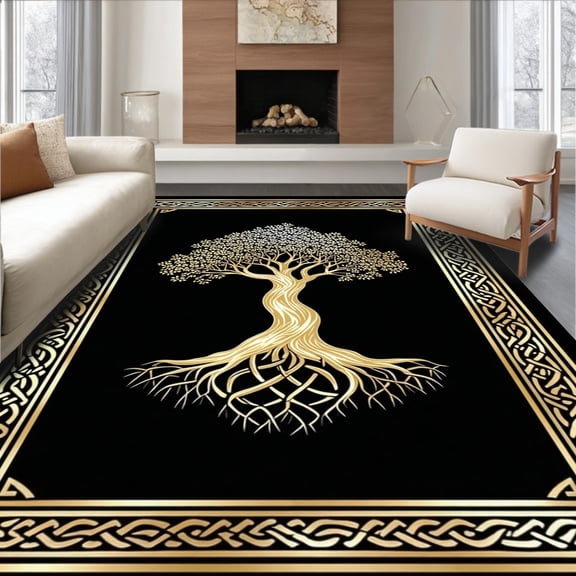 ODIKA 8'x10' Machine Washable Non-Slip Area Rug, Timeless Celtic Knot Arrangement High Traffic Rug, Gold, 27200