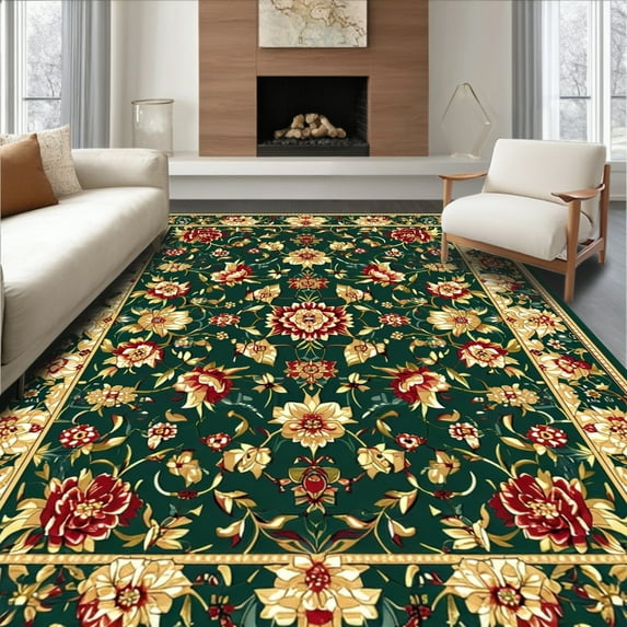 ODIKA 8'x10' Machine Washable Non-Slip Area Rug, Timeless Garden Bloom with Bold Floral Geometry High Traffic Rug, Green, 86863