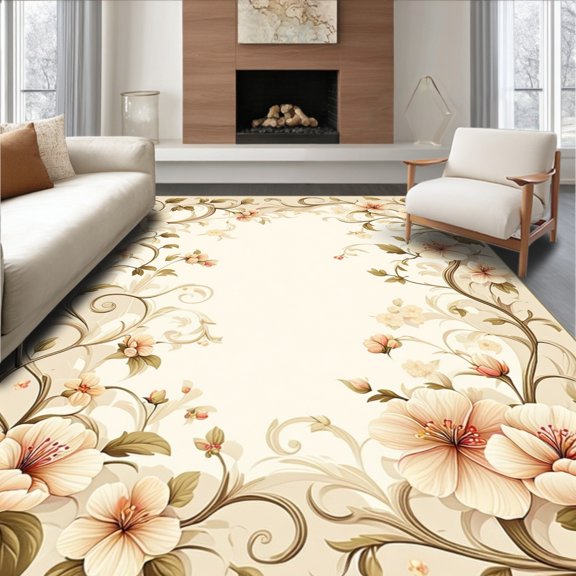 ODIKA 8'x10' Machine Washable Non-Slip Area Rug, Timeless Garden Inspired With Stylized Blossoms and Leafy Swirls High Traffic Rug, Beige, 221229