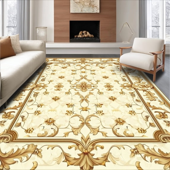 ODIKA 6'x9' Machine Washable Non-Slip Area Rug, Timeless Ornamental Motif Floor with Intricate Scrolls High Traffic Rug, Beige, 144350