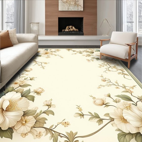 ODIKA 4'x6' Machine Washable Non-Slip Area Rug, Timeless Petal Entrance With Graceful Floral Motif High Traffic Rug, Beige, 219036