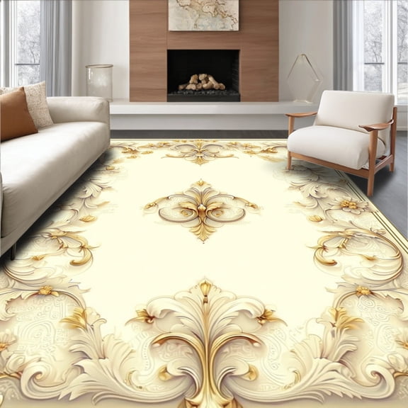 Flatwoven High Traffic Area Rug, Timeless Scrollwork Classic Ornamental Motif, Non Slip, Stain Resistant, Washable Area Rugs for Living Room, Bedroom(Beige, 4X6)