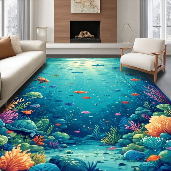 Flatwoven High Traffic Area Rug, Toddler Alphabet Shape Ocean Animal Classroom Floor Mat Area, Non Slip, Stain Resistant, Washable Area Rugs for Living Room, Bedroom(Blue, 4X6)