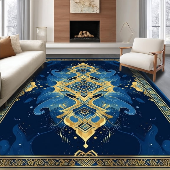 Flatwoven High Traffic Area Rug, Totem Inspired Motif with Liquefying Lobe and Royal Elements, Non Slip, Stain Resistant, Washable Area Rugs for Living Room, Bedroom(Blue, 2X3)