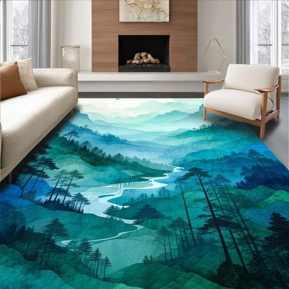 ODIKA 4'x6' Machine Washable Non-Slip Area Rug, Tranquil Cascade Vintage with Watercolor Gradient High Traffic Rug, Blue, 82539
